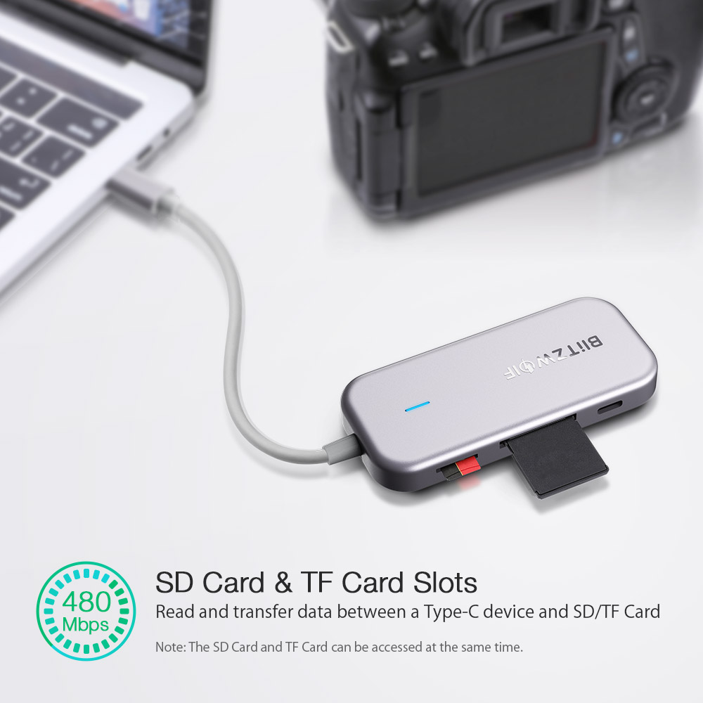 BlitzWolf® BW-TH5 7 in 1 USB-C Data Hub with 3-Port USB 3.0 TF Card Reader USB-C PD Charging 4K Display USB Hub for MacBooks Notebooks Pros
