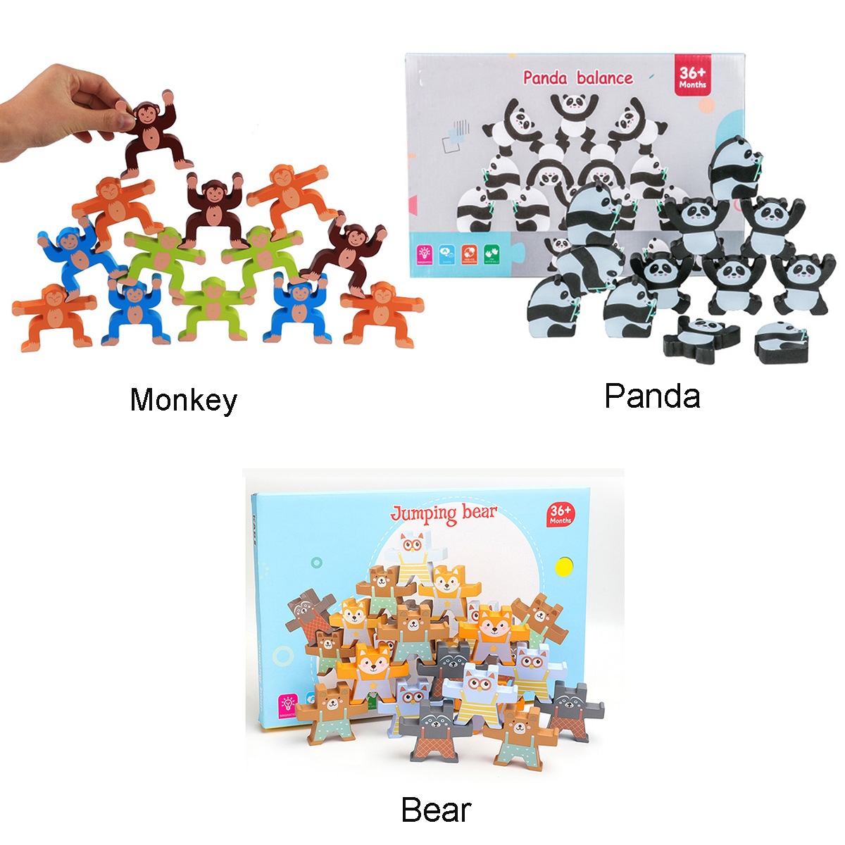 Wood Balancing Stacked Stones Rainbow Monkey/Bear/Panda Hercules Puppet Building Block Montessori Toys for Kids Gift - Photo: 11