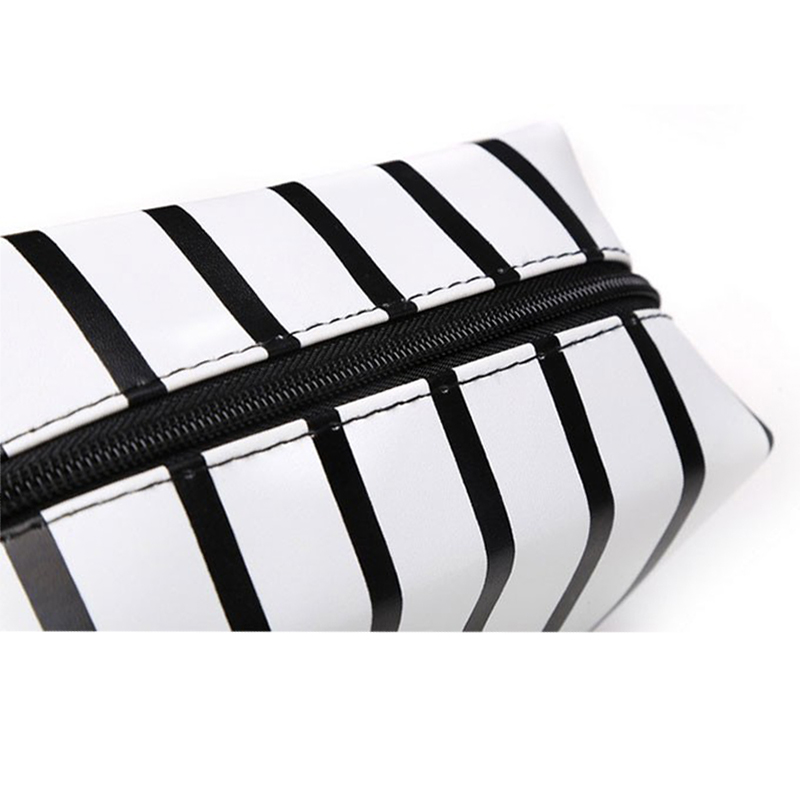 Waterproof PU Leather Stripe Makeup Bag Cosmetic Pouch Travel Storage Make Up Toiletry Case