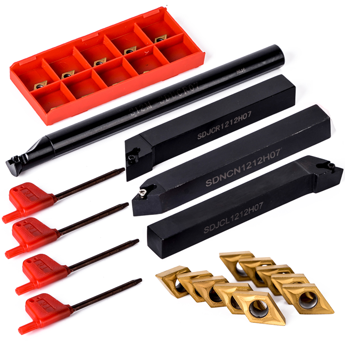 Machifit 10pcs DCMT070204 Carbide Inserts with 4pcs 12mm Lathe Boring Bar Turning Tool Holder and 4p