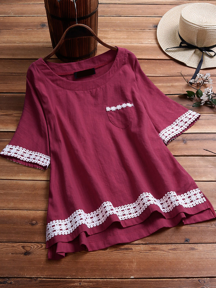 

Women Solid Color Lace Patchwork Half Sleeve Blouse