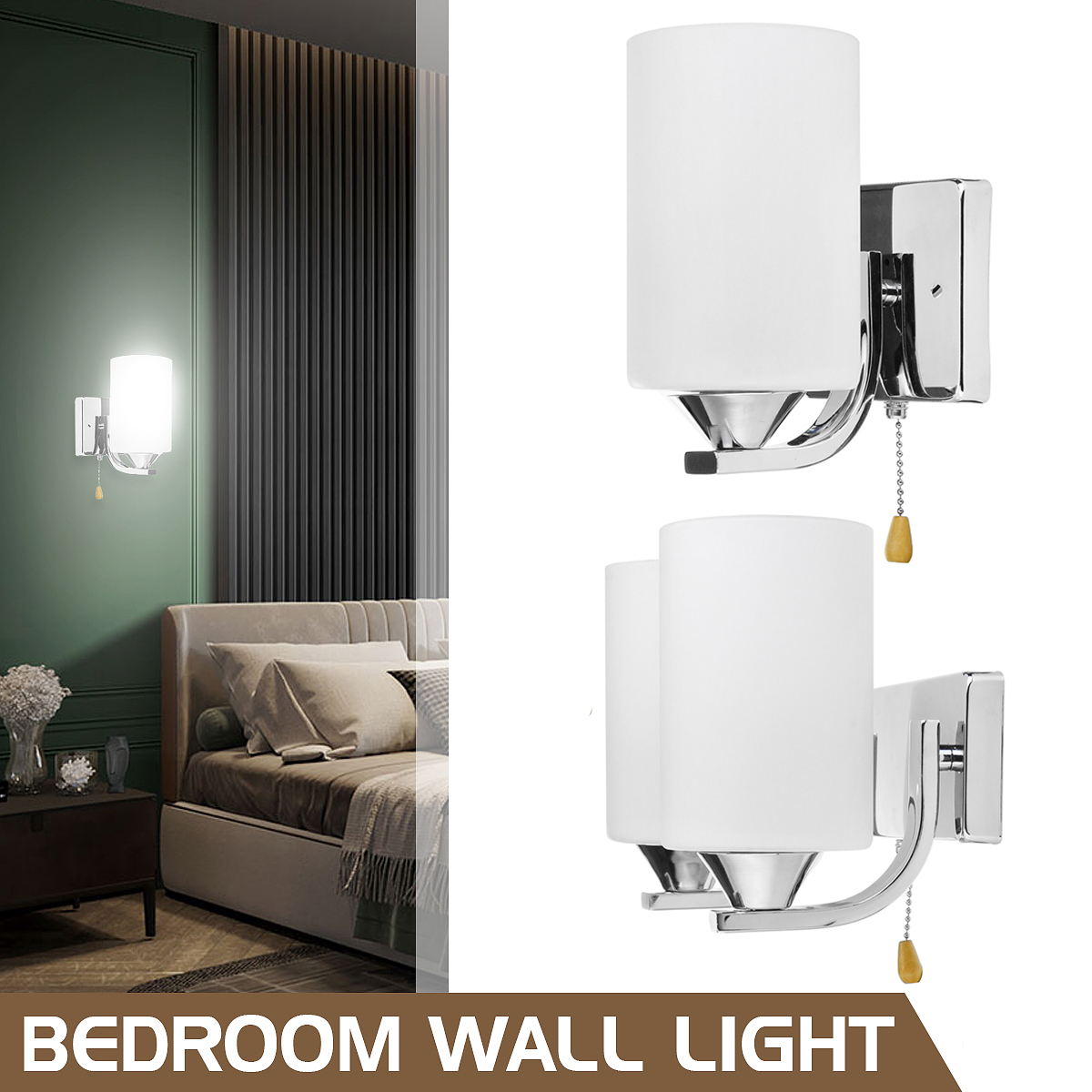 Bedroom Glass Wall Sconce Light Indoor Fixture Bedside Lamp+LED Bulb Pull Switch