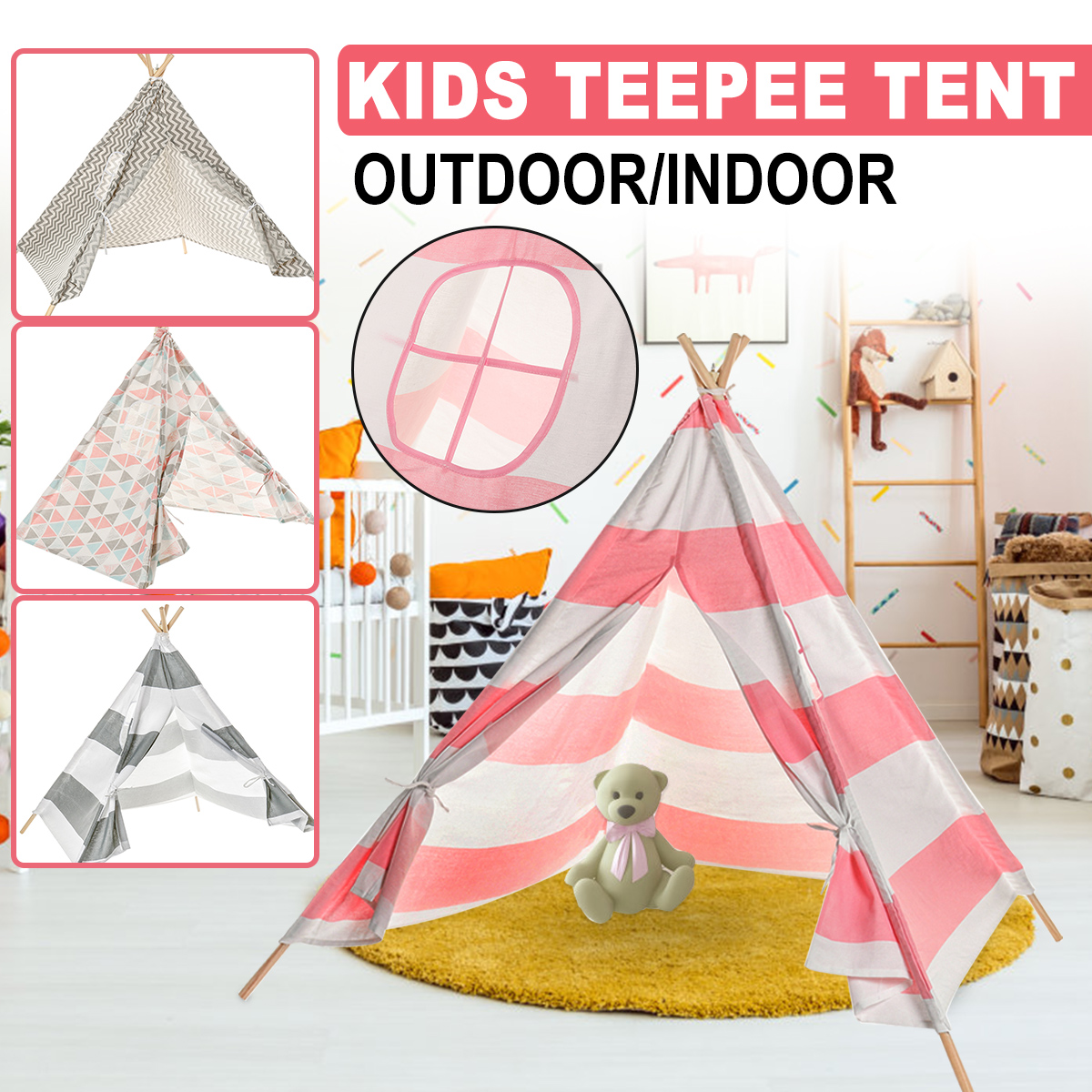 Large Teepee Tent Kids Cotton Canvas Play House Boy Girls Wigwam