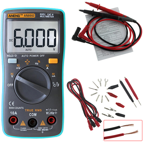 ANENG AN8002 Black Digital True RMS 6000 Counts Multimeter AC/DC Current Voltage Frequency Resistance Temperature Tester ℃/℉ + Test Lead Set