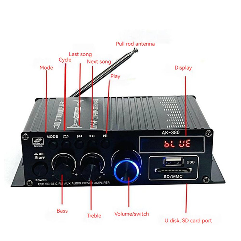 AirAux AK380 Wireless Amplifier 800W MAX Output 2.0 Channel Hi-Fi Class D bluetooth V5.0  Remote Control FM Antenna Integrated Mini Power Amplifier for Car Home Bar Party