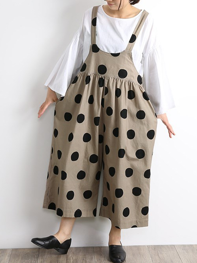 Japanese Women Cotton Polka Dot Print Loose Baggy Overalls Jumpsuit