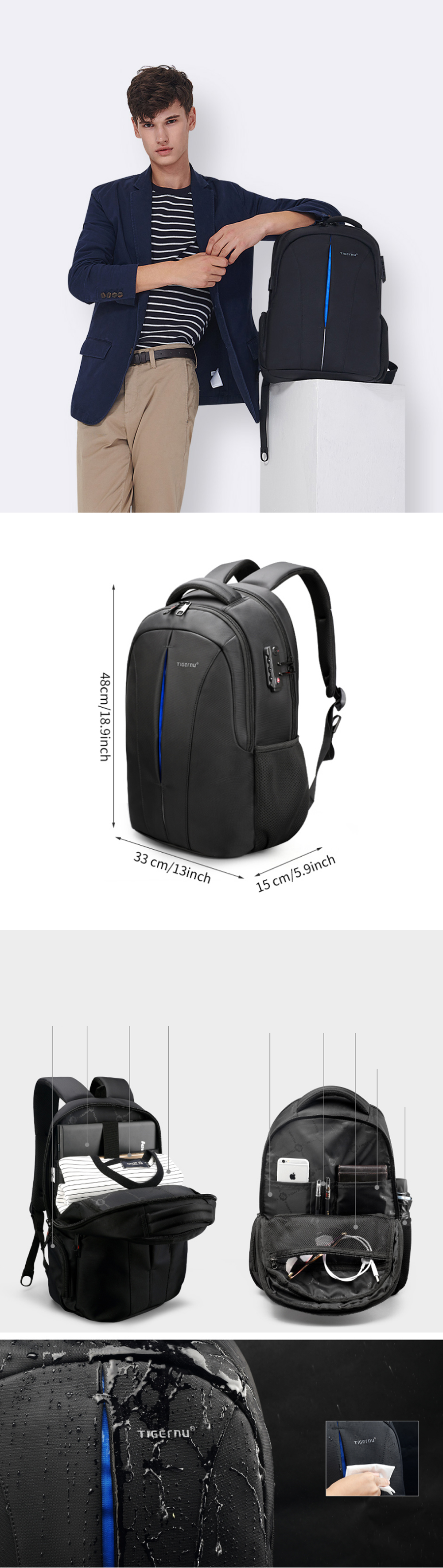 Tigernu T-B3105 laptop de 15 polegadas Bolsa mochila à prova d'água 20L ombro de carregamento USB Bolsa camping viagem preto com azul