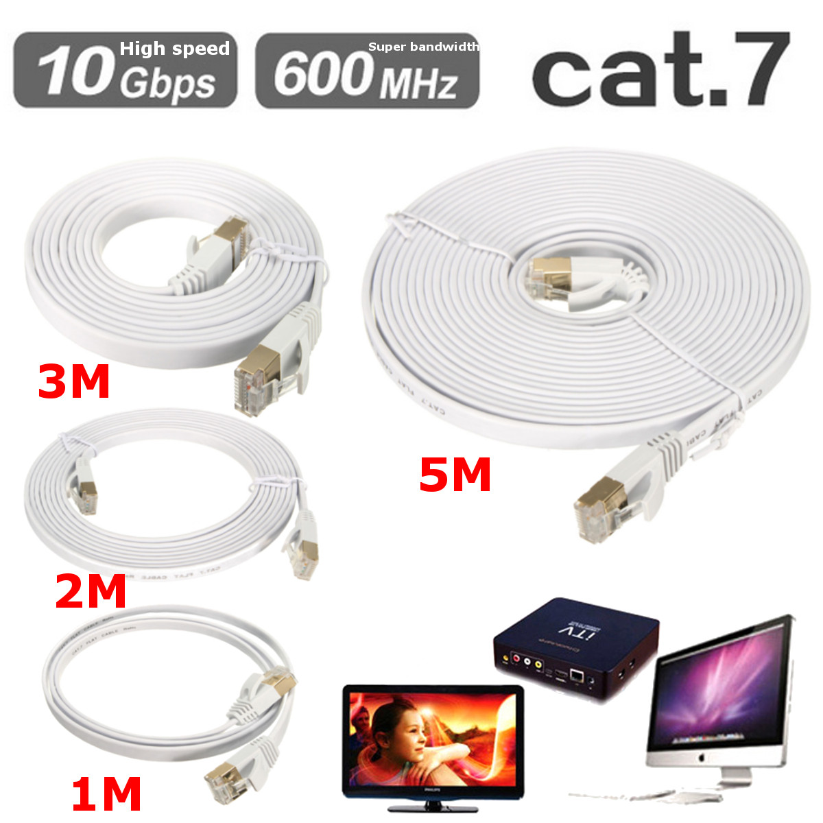 10 Gigabit Cat 7 Flat Ethernet Network LAN Cable 26AWG 600Mhz RJ45 Internet Network Lan Patch Cords for Modem Router