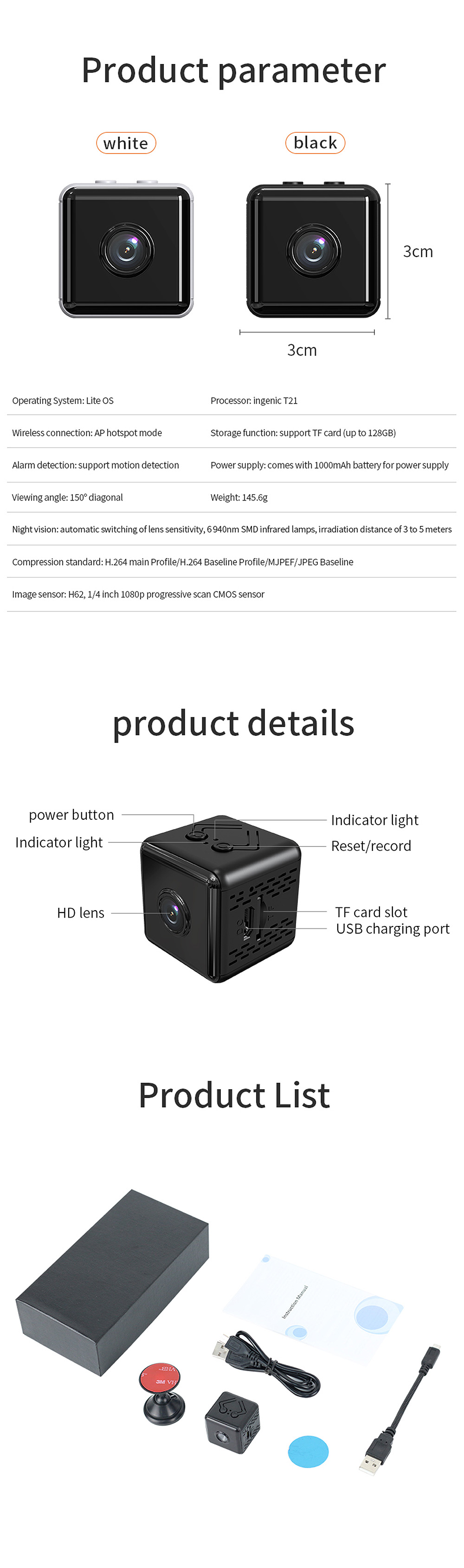 X6D 1080P Mini Wireless Camera Outdoor Phone Remote Monitoring Night Vision Motion Detection Cam APP Alarm Push AP Hotspot Support TF Card Micro Surveillance Home Safety Camera