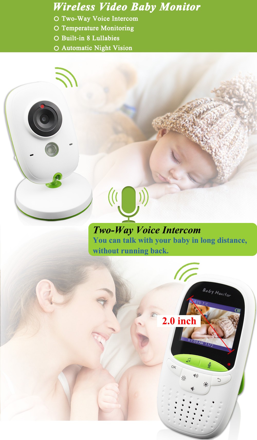 Vvcare VB602 2.4G Wireless Baby Monitor 2 Inch Electronic Babysitter Nanny Security Camera Two-way Audio Night Vision Temperature Monitoring