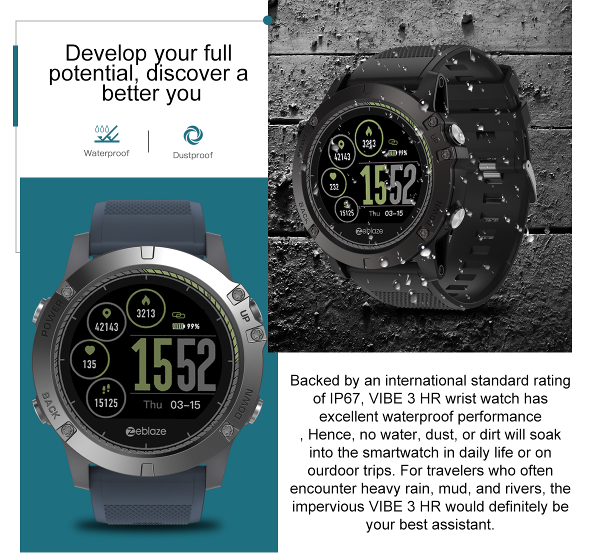 Zeblaze VIBE 3 HR Rugged Inside Out HR Monitor 3D UI All-day Activity Record 1.22' IPS Smart Watch 26