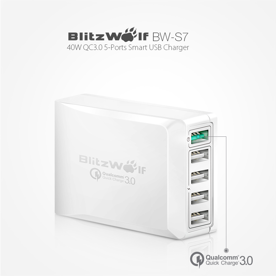 [Qualcomm Certified]BlitzWolf® BW-S7 QC3.0 40W 5 USB Desktop Charger Adapter With Power3S Tech