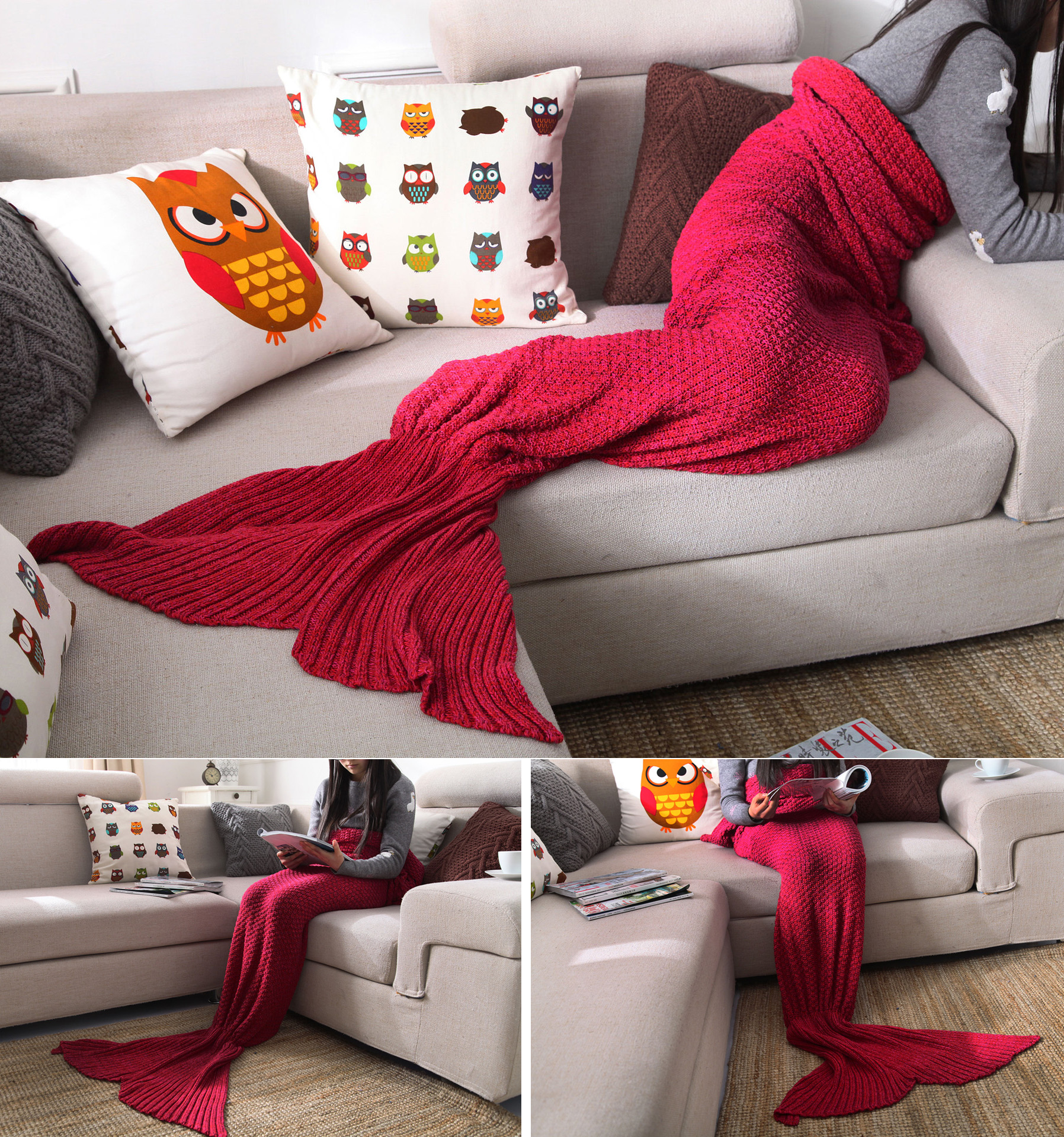 Yarn Knitted Mermaid Tail Blanket Handmade Crochet Throw Super Soft Sofa Bed Mat Sleeping Bag