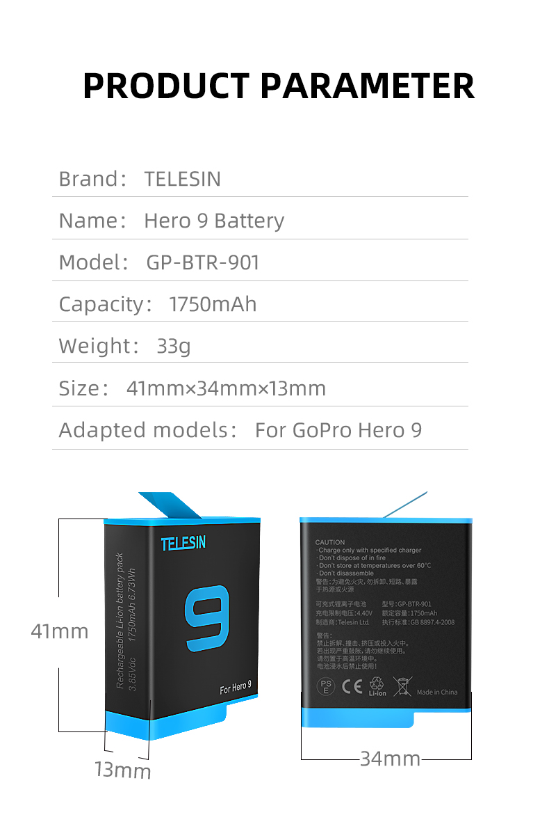 Telesin GP-BTR-901 1750mAh Battery for Gopro9 Sport Camera