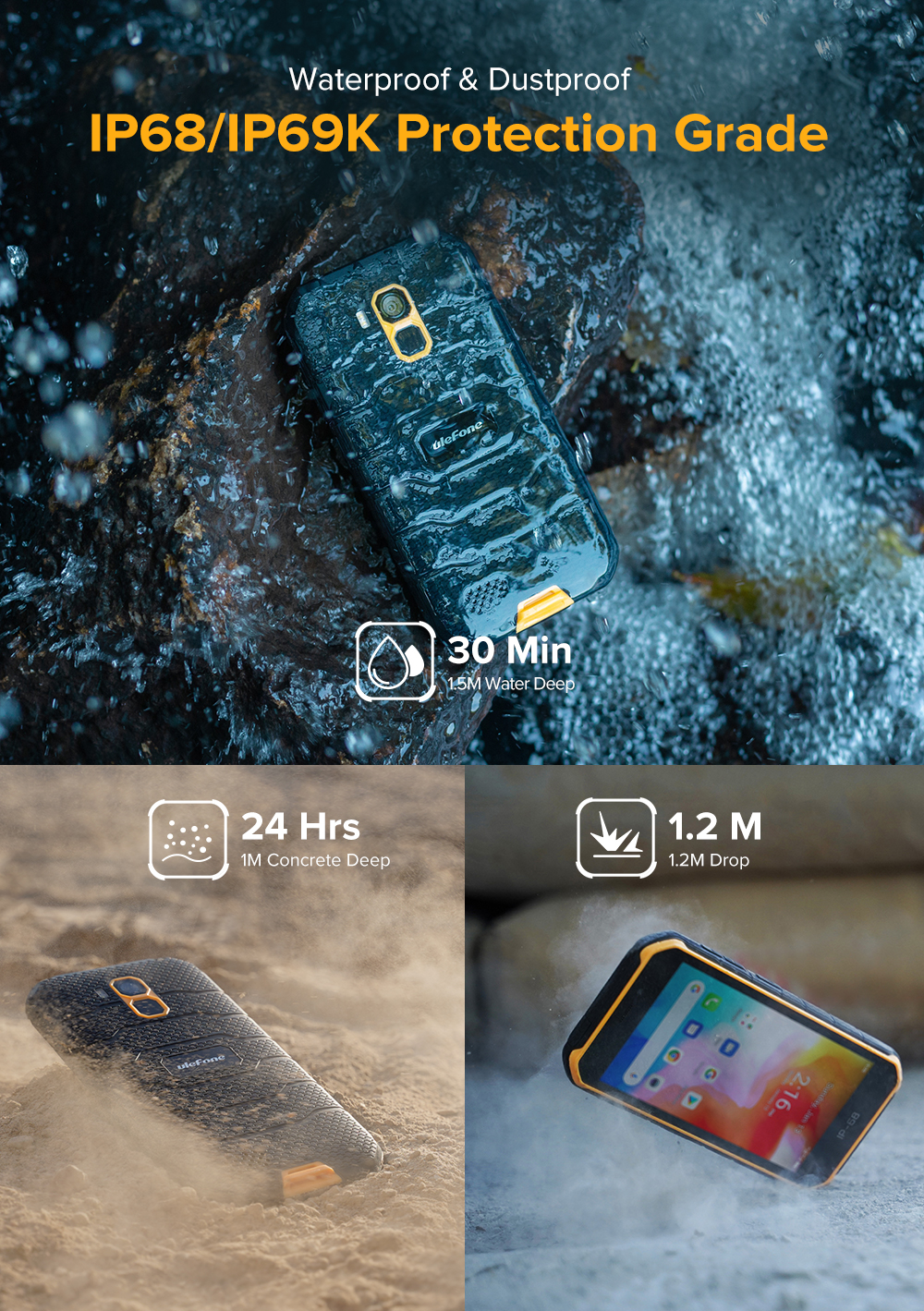 Ulefone Armor X7 5.0 inch NFC IP68 IP69K Waterproof Android 10 2GB RAM 16GB ROM MT6761 Quad Core 4G Smartphone