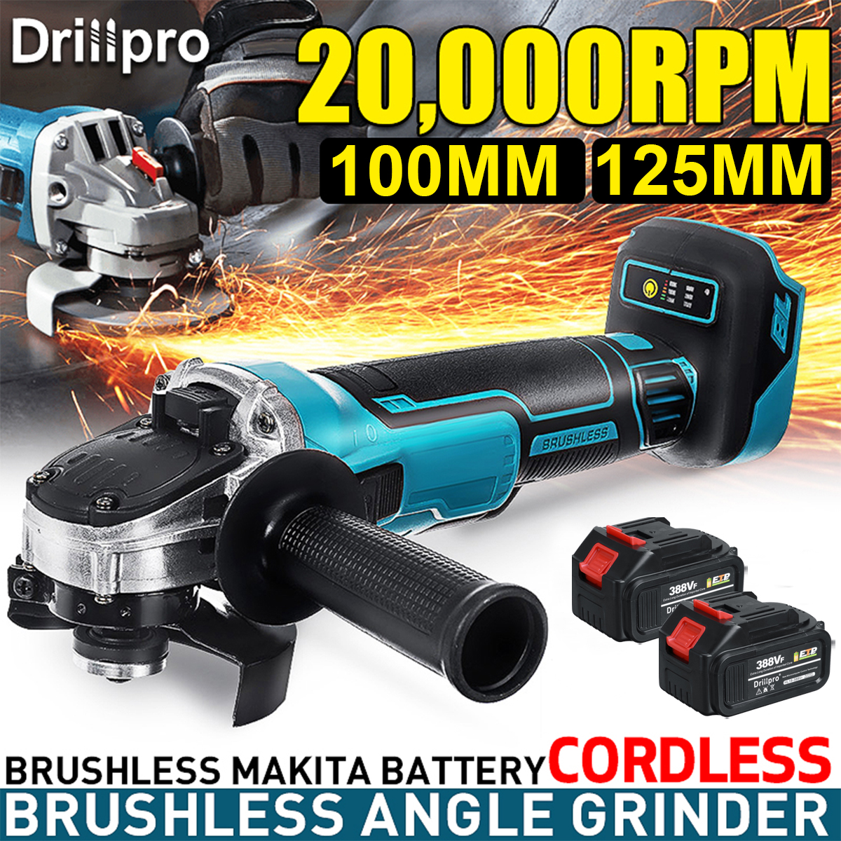 Drillpro 388VF 100mm/125mm Brushless Angle Grinder Rechargeable Electric Cutting Grinding Tool W/ 1/2 Battery