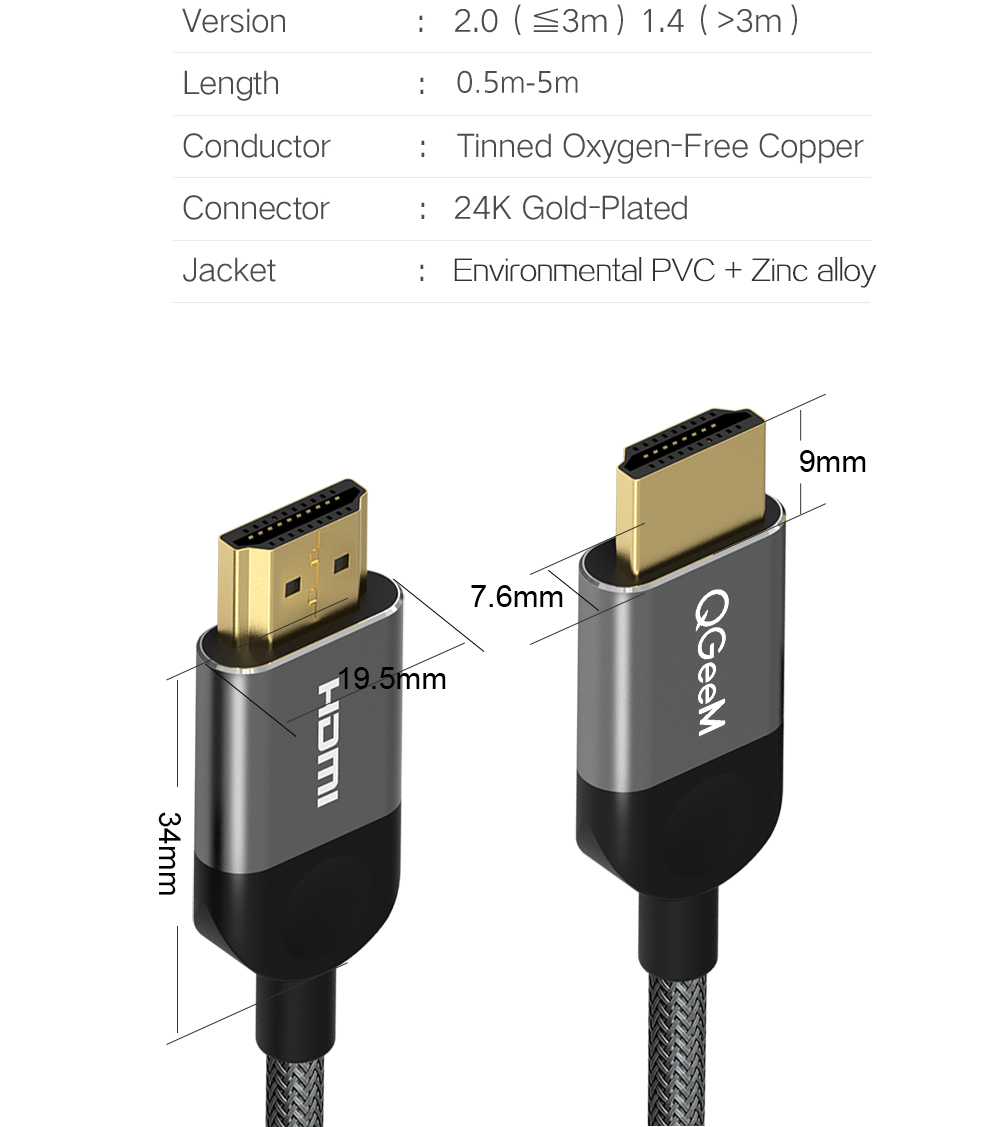 QGEEM QG-AV14 4K HDMI Cable HDMI to HDMI 2.0 Video Cable For PS4 / Xbox 360 / Mac / HDTV / Projector / TV Box