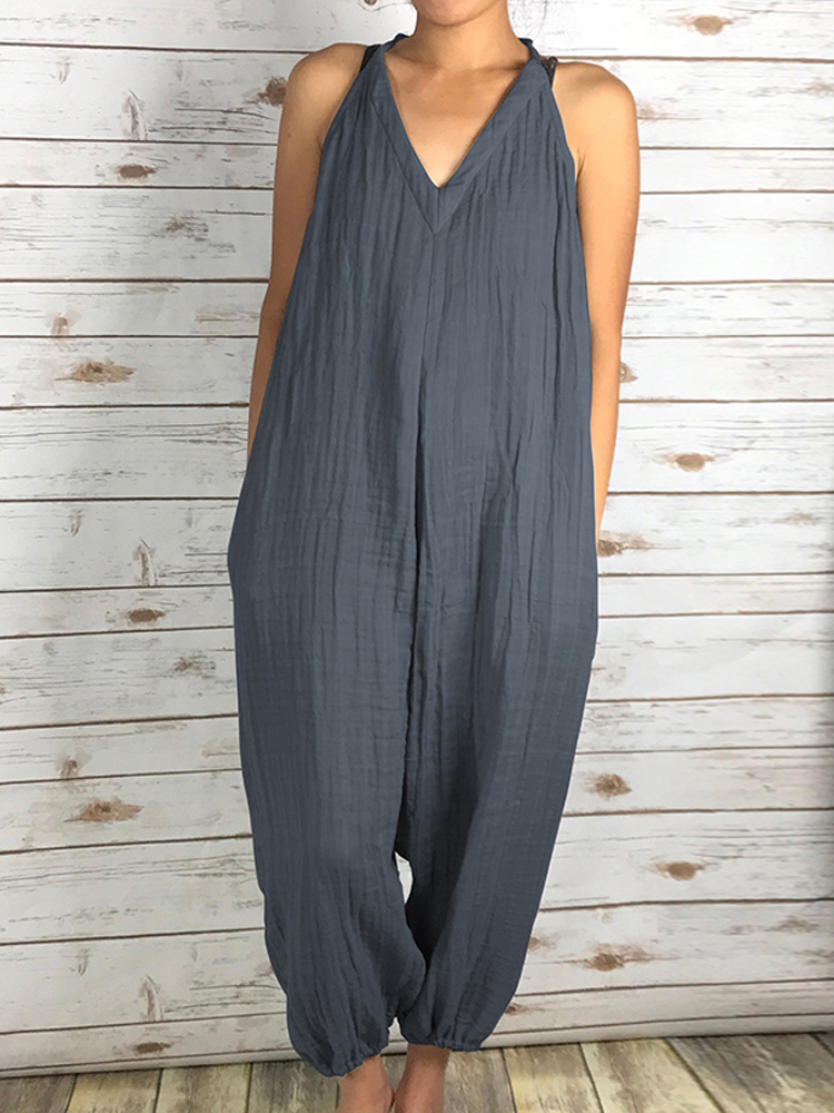Women Sleeveless Strap V Neck Casual Loose Overalls Jumpsuit