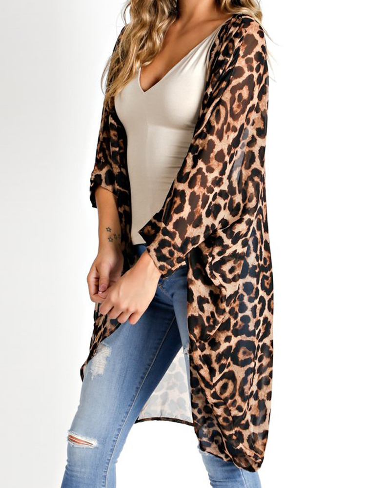 Women Long Sleeve Leopard Print Loose Cardigans Cloak