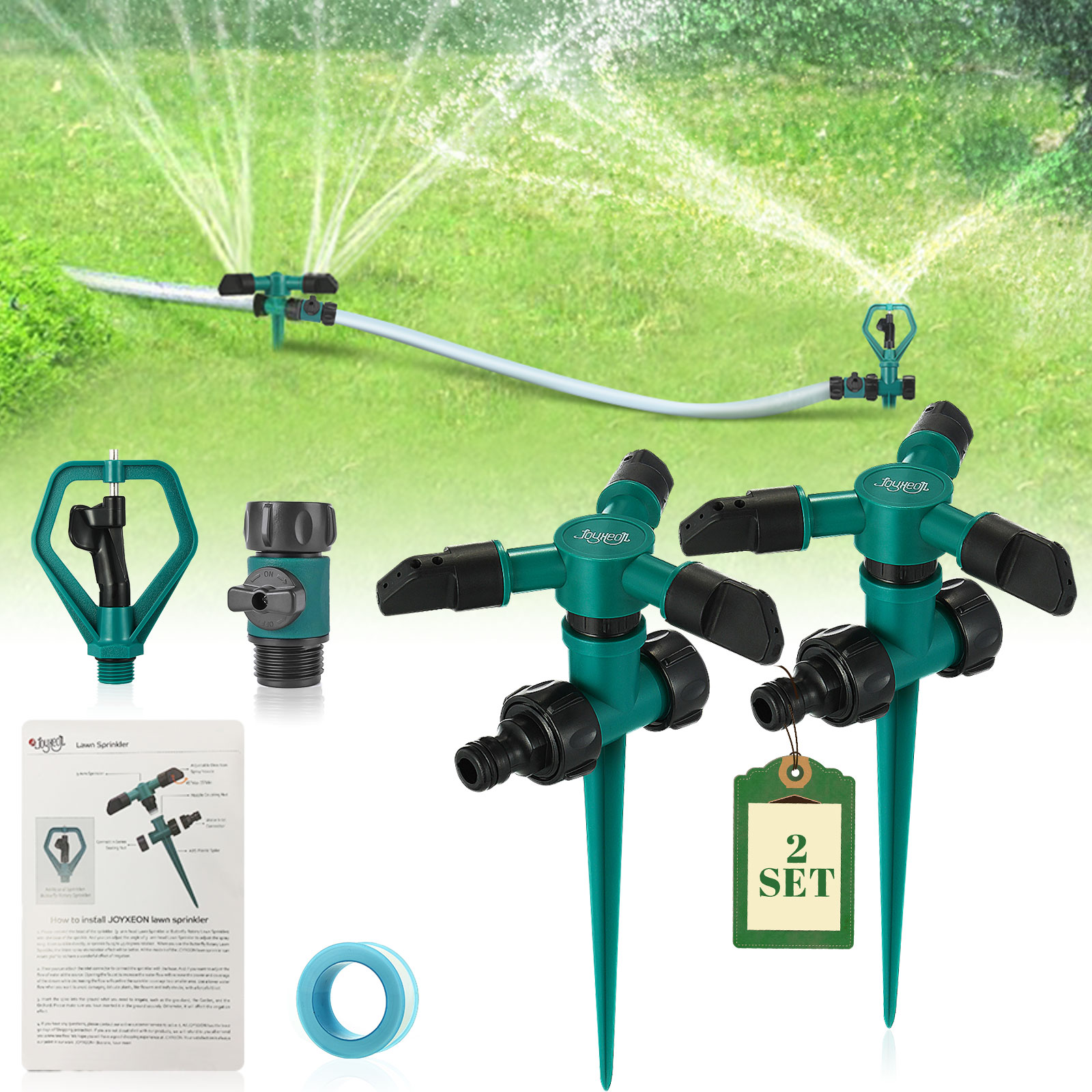 JOYXEON 3-head 360 Angles Rotating Sprinkler With Support Rod Garden Lawn Automatic Irrigation Watering Systems Sprinkler