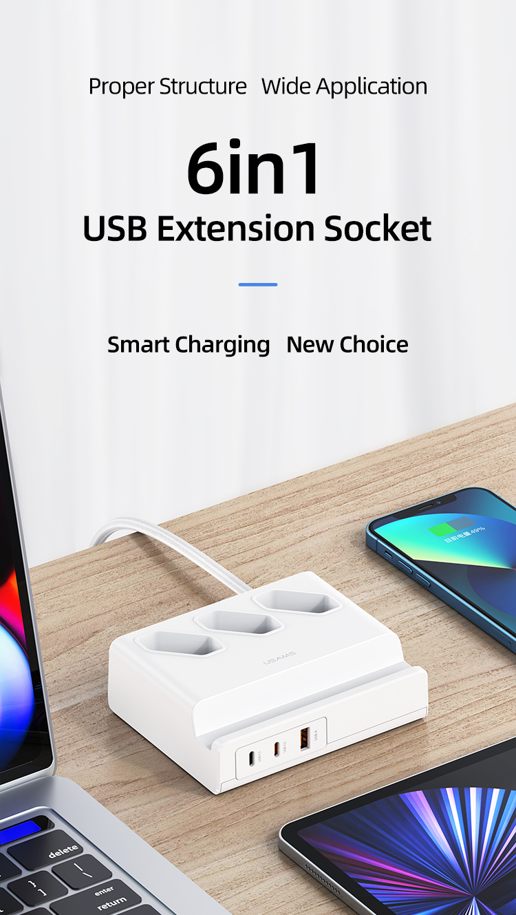 USAMS 6 In 1 USB Extension Socket Power Strip 65W Super Sic USB PD Charger With 3 2400W AC Outlets / Dual 65W USB-C / 18W USB-A QC3.0