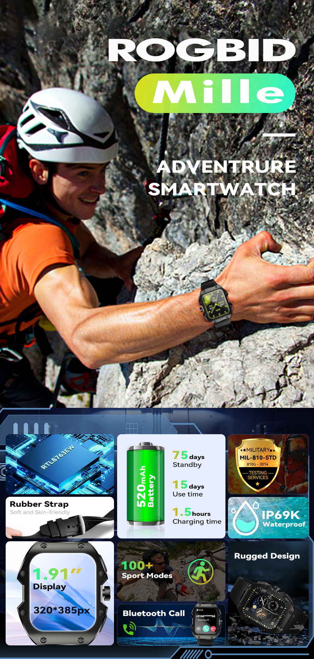 [75 Days Standby]Rogbid Mille 1.91 inch IPS 5ATM IP69K Waterproof BT5.3 Heart Rate Blood Pressure SpO2 Monitor Fitness Tracker Outdoor Rugged Smart Watch