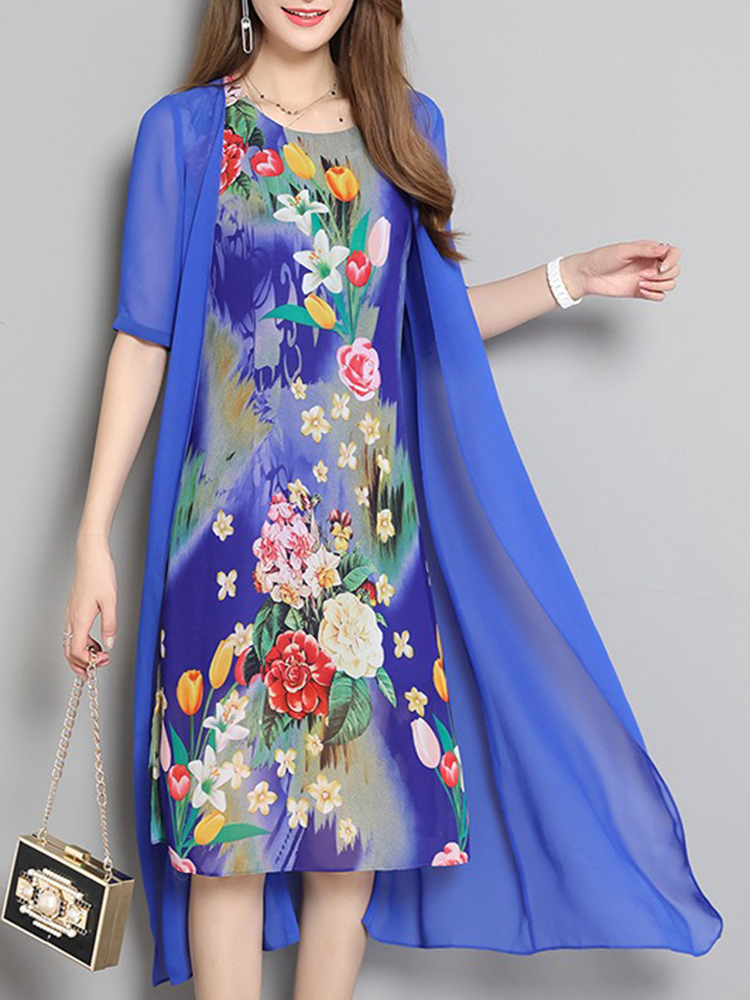 Women Summer Floral Print Two Pieces Sets O-neck Loose Chiffon Dress