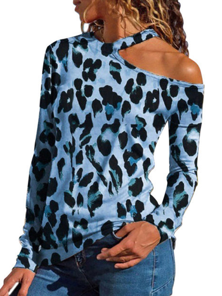 Women Halter One Shoulder Leopard Print Long Sleeve T-shirts