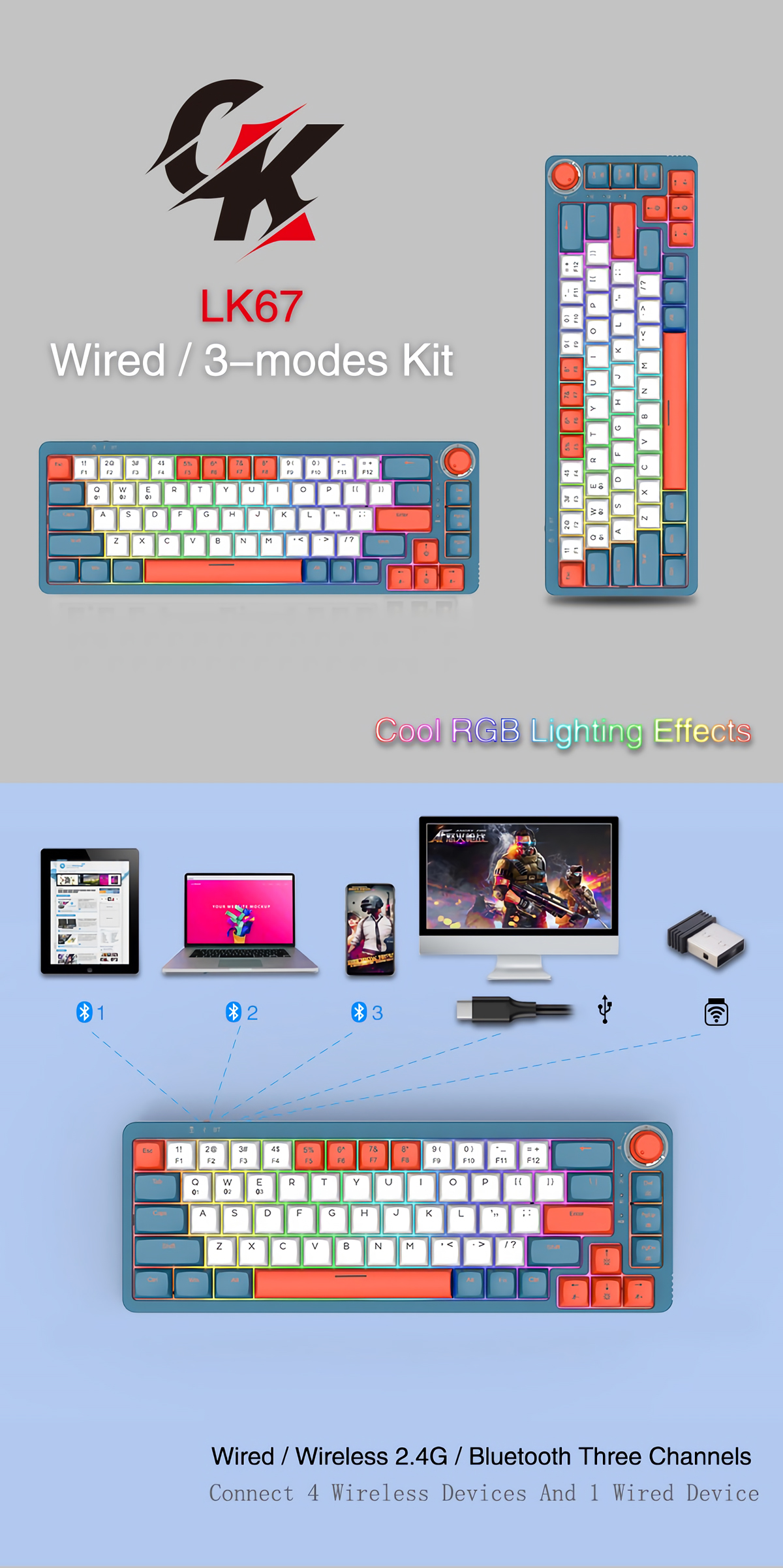 GAMAKAY LK67 Mechanical Keyboard 67 Keys RGB Gateron Switch Hot Swappable 65% Programmable Triple Mode Wired bluetooth 5.0 2.4GHz NKRO PBT XDA Profile Keycaps Gaming Keyboard with Rotate Button Custom Keyboard
