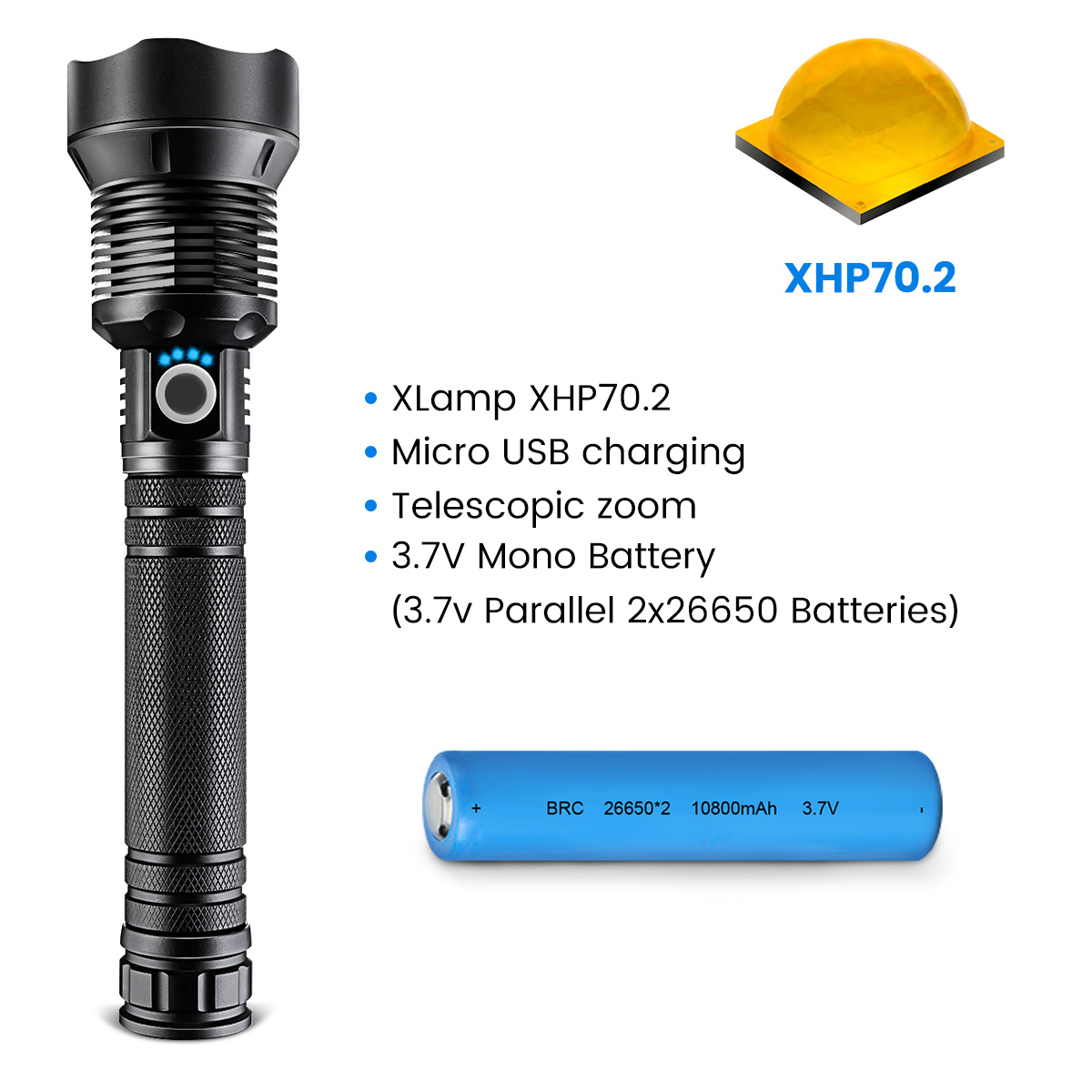 OUTERDO XHP70.2 90000 Lumens 26650 Battery LED Flashlight USB Rechargeable Outdoor Waterproof Tactical Flashlight