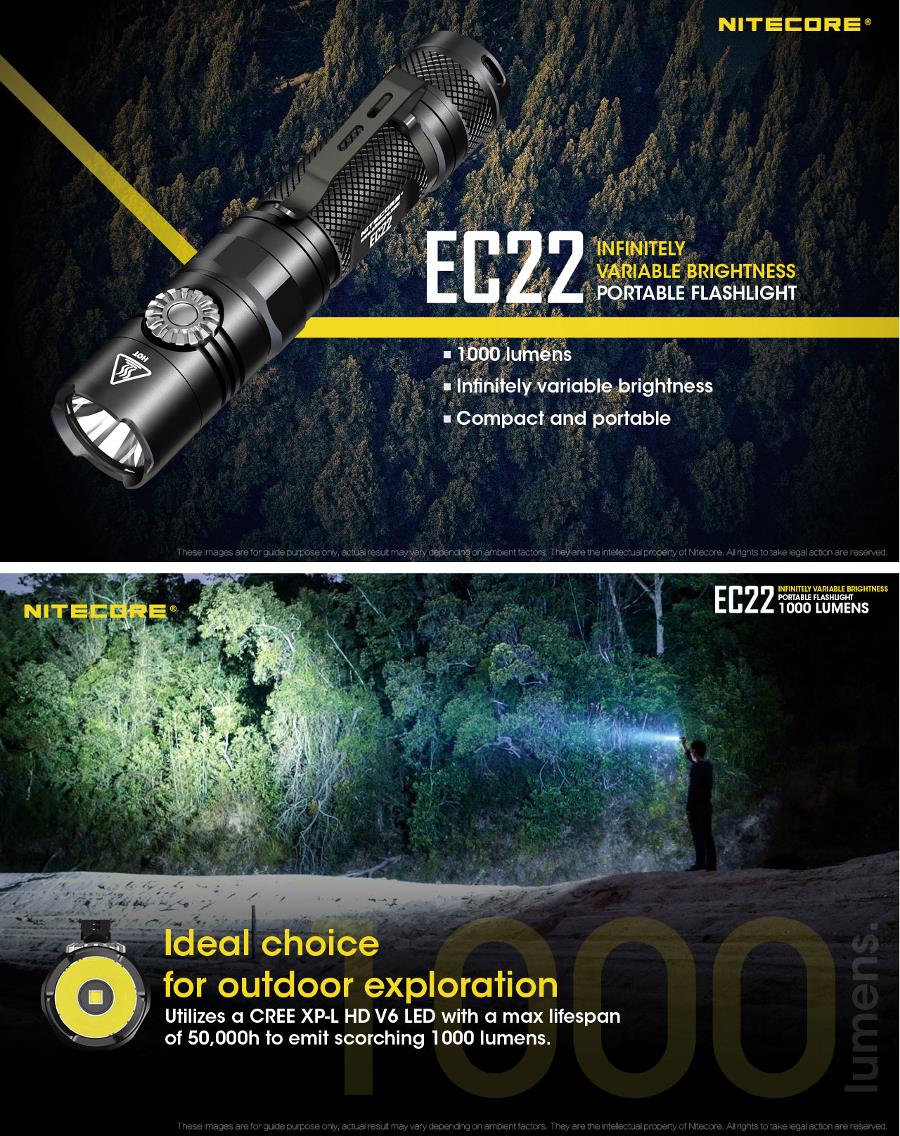 Nitecore EC22 XP-L HD V6 0.5LM To 1000LM Stepless Dimming EDC Mini LED Flashlight 18650