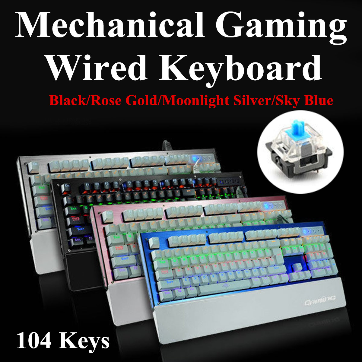 104 Keys Blue Switch USB Wired Backlit Mechanical Computer Gaming Keyboard 8