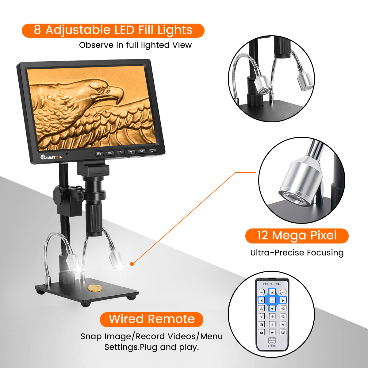 Mustool 10.1 inch LCD HD Video Microscope with 150X C Mount Lens Electronic Microscope Camera with Metal Stand Professional repair Tools