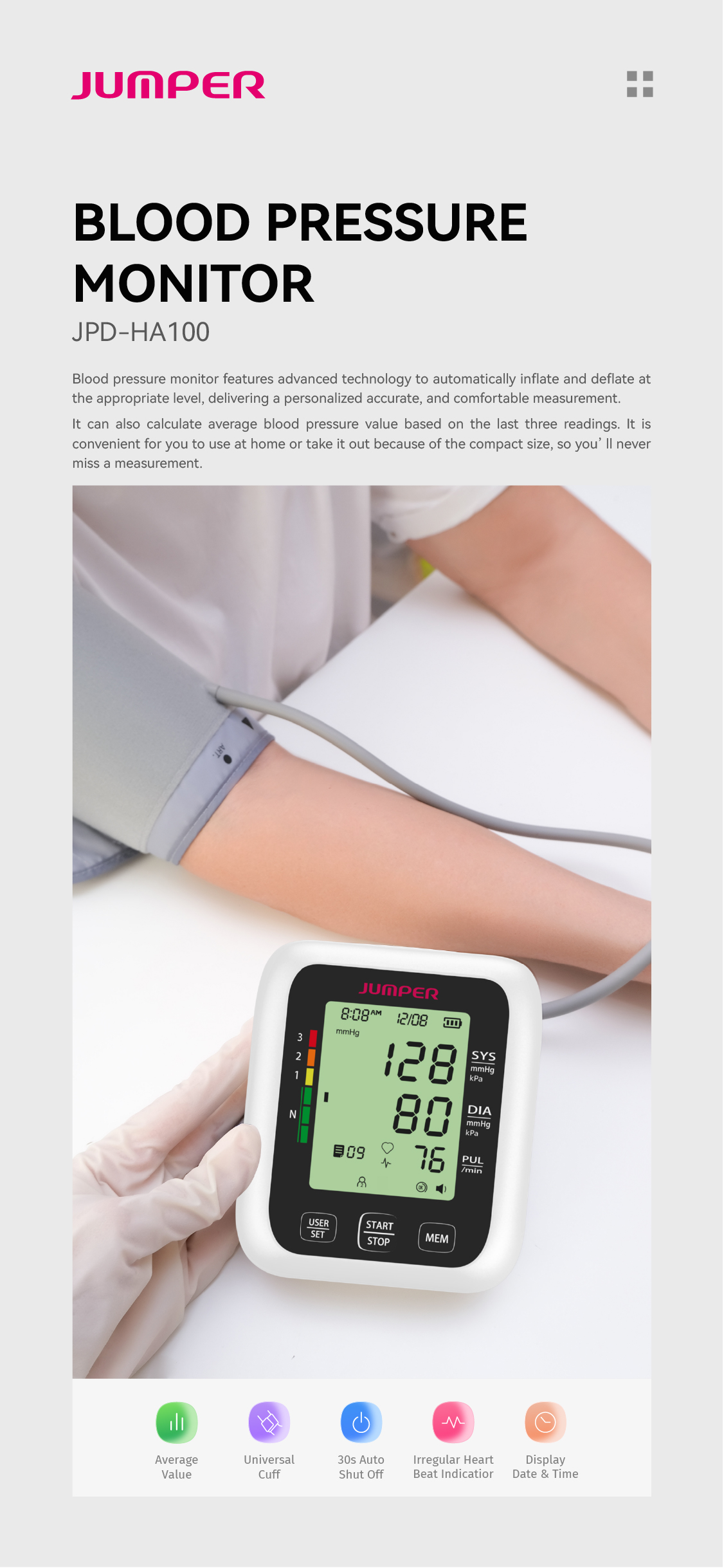 JUMPER JPD-HA100 Arm Type Blood Pressure Monitor LCD Digital Display One-touch Operation Blood Pressure Monitor Portable Tow Memories Blood Pressure Monitor