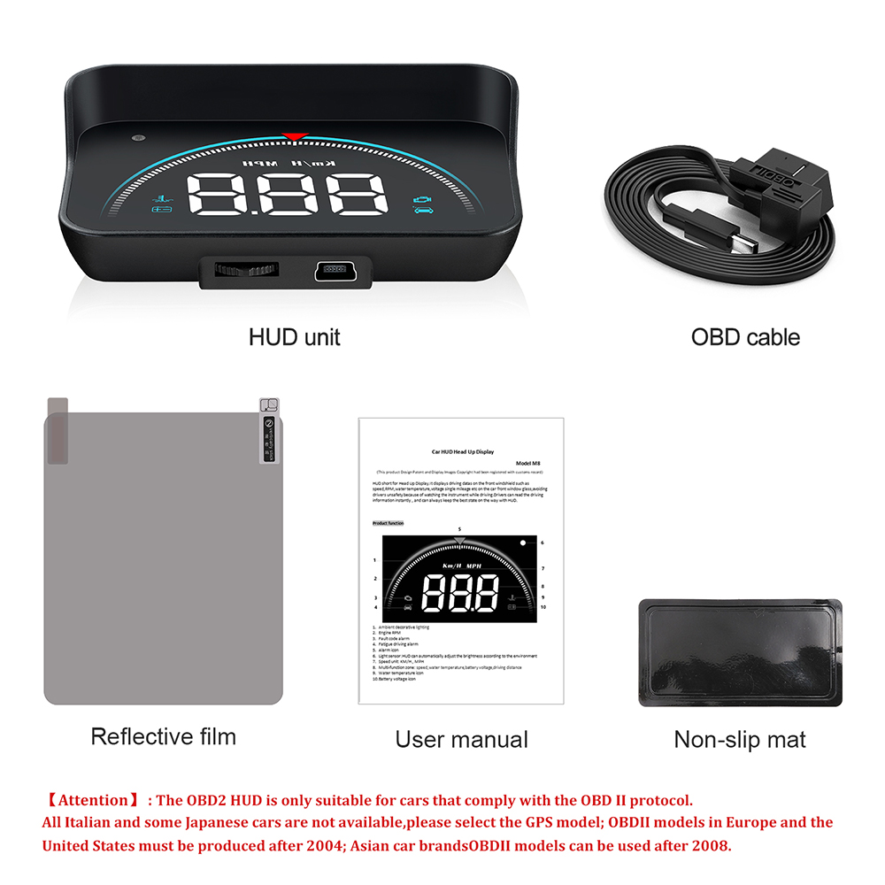 Geyiren M8 OBD2 HUD Head-up Display Car Digital Speedometer Smart System Speed Mileage Water Temp RPM Projector for Car Glass