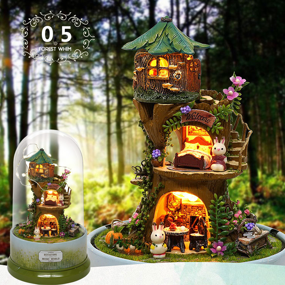 Beautiful Cabins DIY Doll House Miniature Rotating Music Kit With Transparent Cover Musical Core Gift(Meet At The Corner/Snowy Wonderland/Garden Diary/Dream Of Sky/Forest Whim)