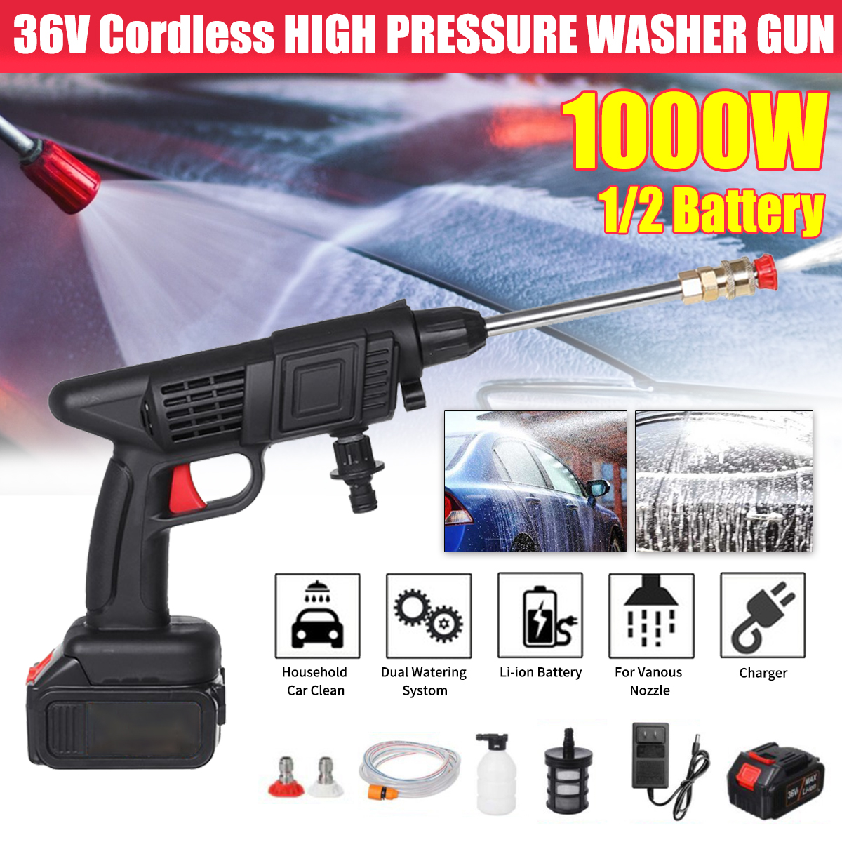 36V 150W Wireless High Pressure Washer Car Washing Machine Water Wash Spray Guns With None/1/2 Battery
