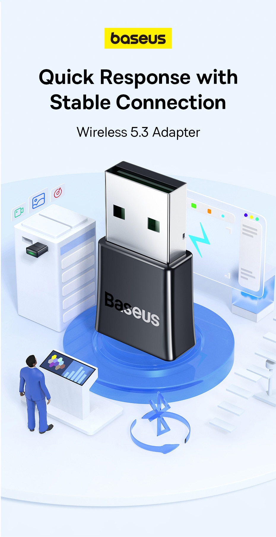 Baseus USB bluetooth 5.3 Adapter Dongle Transmitter Module Wirelessfor PC Laptop Earphone Speaker Printer Keyboard Gamepad