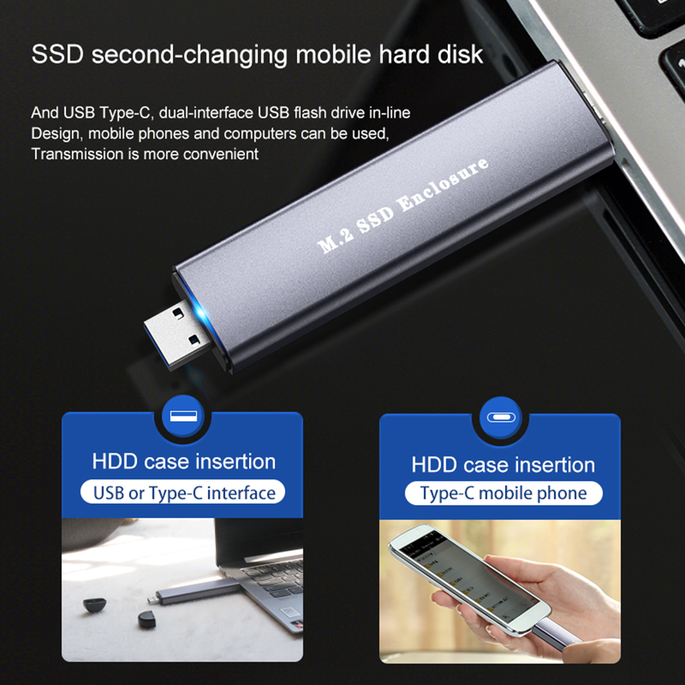 PINRUI 2 in 1 M.2 SSD Enclosure 6Gbps/10Gbps Type-C 3.1 Gen2 USB 3.0 to M.2 NVME/SATA External Hard Disk Box Support 2TB Max Hard Disk 2230/2242/2260/2280mm Size OTG U2-002