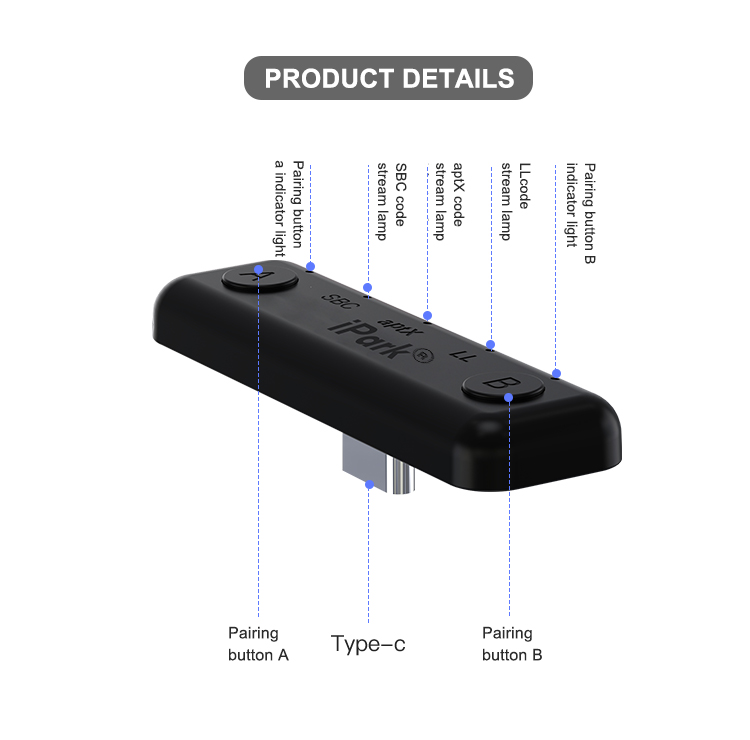 iPark SDA-100 bluetooth Wireless Audio Adapter Type-C Headphone Transmitter for Nintendo Switch Lite for PS4 Game Console PC Low Latency AB Dual Pairing