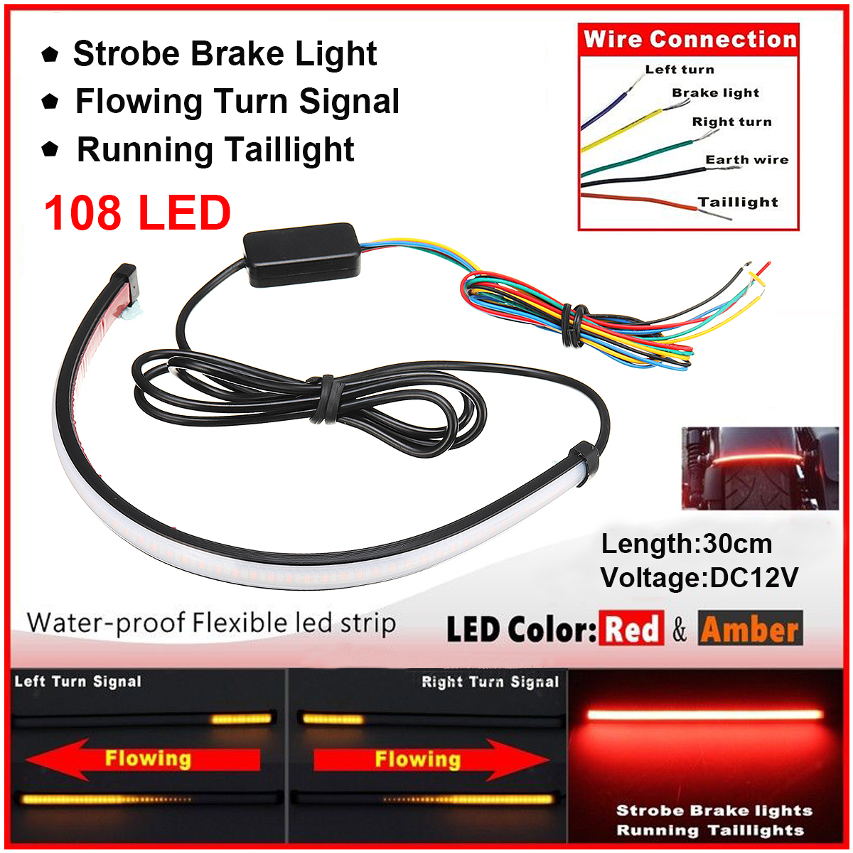 Motorcycle Sequential Switchback Flowing LED Tail Brake Turn Signal Strip-Lights