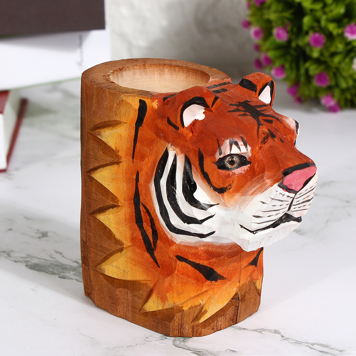 Animal Types Pen Holder Creative Hand Carved Wooden Pen Holder Lion Tiger Owl Dog Pattern Pen Organizer For Student Stationery Pencil Not Included