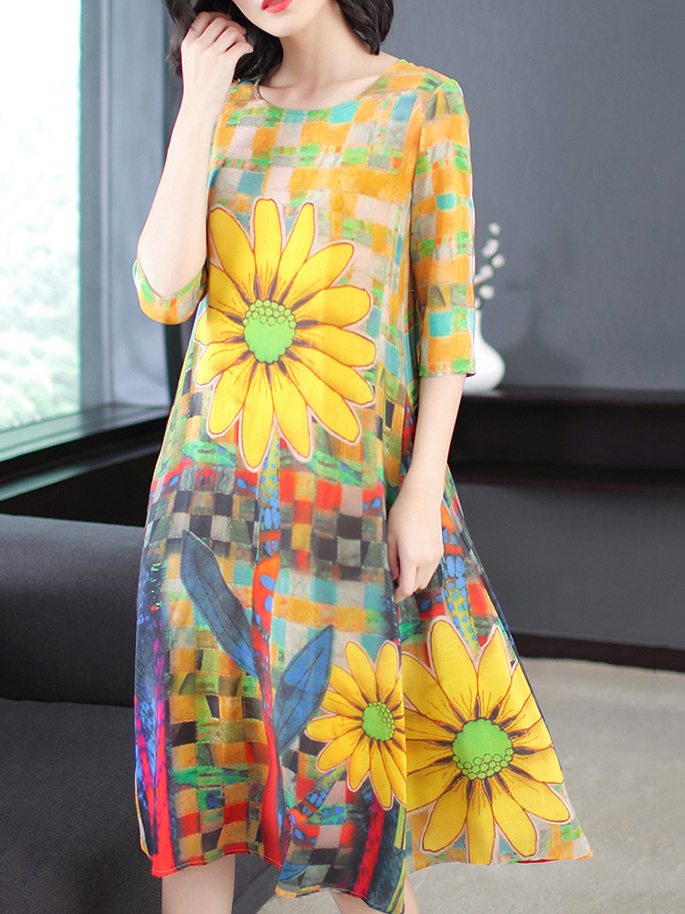 Women Elegant O-neck Short Sleeve Floral Print Dress
