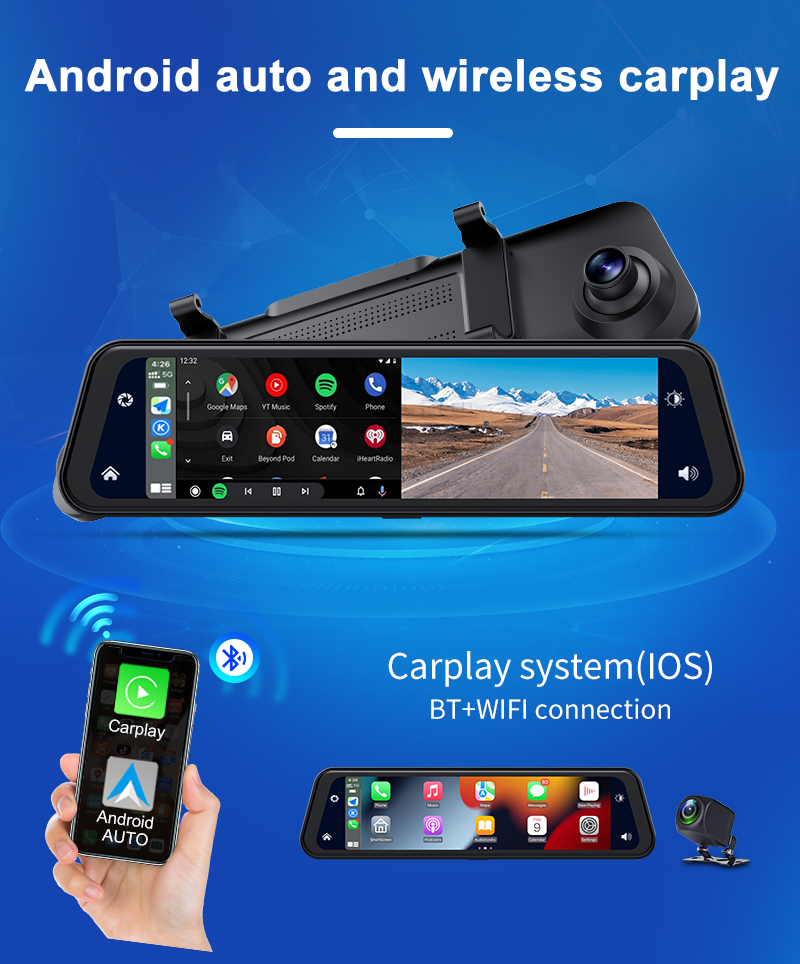 CP08 12 Inch 2K+1080P Dash Cam Car DVR Carplay Android AUTO WIFI bluetooth Voice Command Time Laspe G-sensor