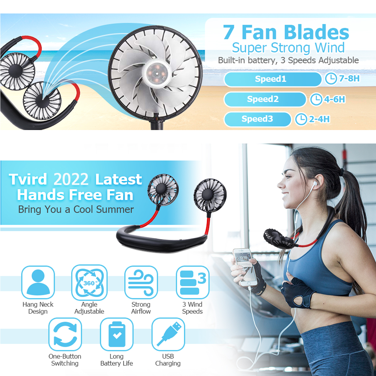 Portable Mini Fan Neckband Lazy Neck Hanging Style Cooling Air USB Rechargeable