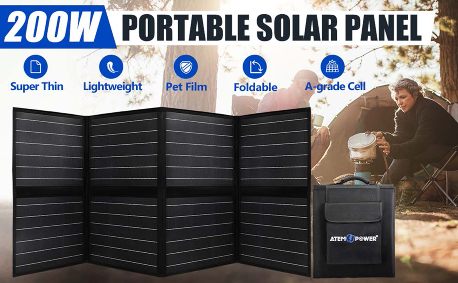 [US Direct] ATEM POWER VASPBAG-2S-UFA 200W Portable Monocrystalline Solar Panel Equipped With 20A MPPT Charger Controller Suitable For Outdoor RV Boat Camping