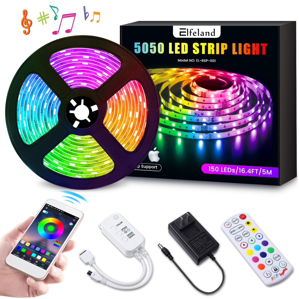 5M bluetooth Non-waterproof RGB LED Strip Light 5050 Music Lamp + 24Keys Remote Control + 12V 2A Power Supply Christmas Decorations Clearance Christmas Lights