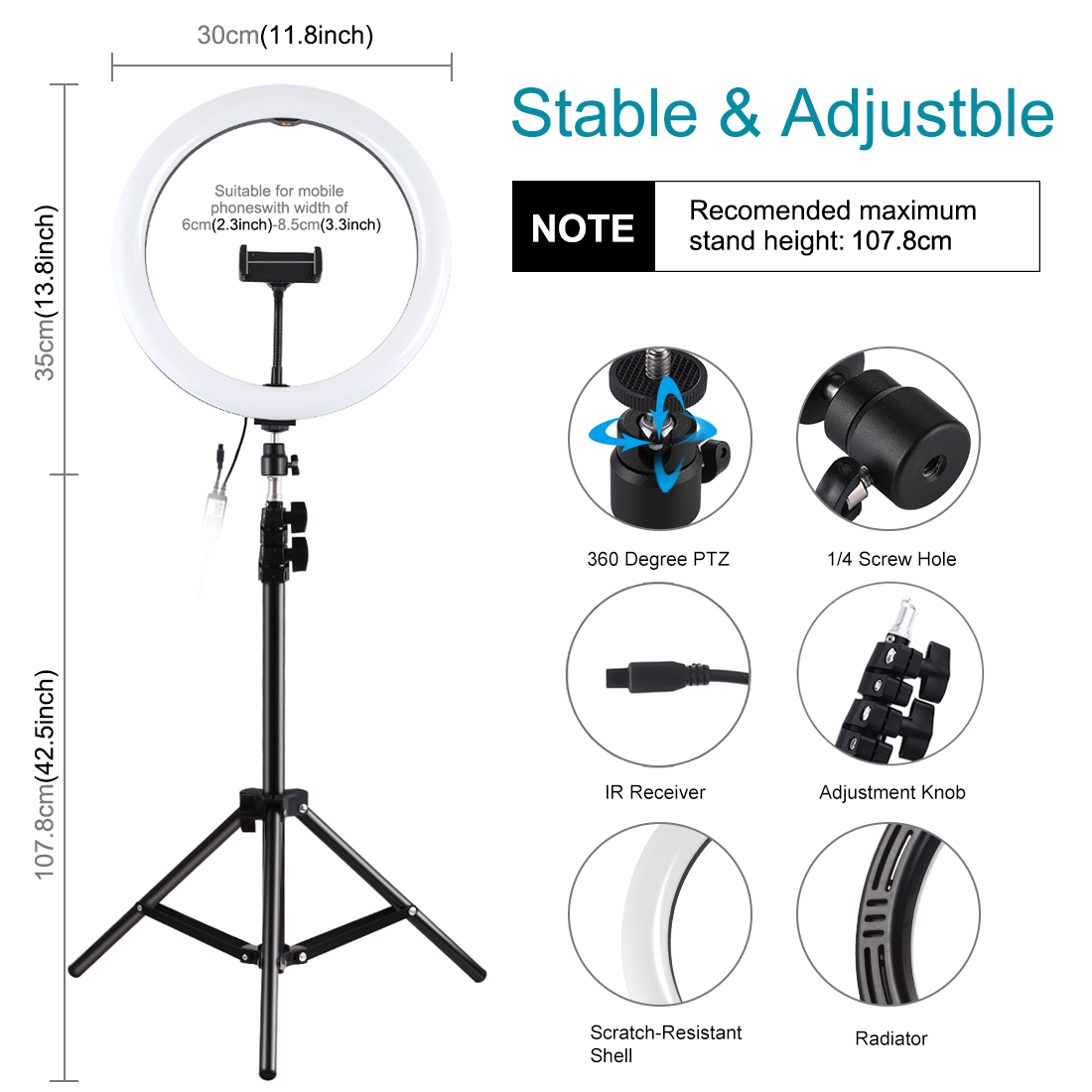 PULUZ PKT3050 11.8 inch RGBW Dimmable LED Ring Light for Vlogging Selfie Photography Video Broadcast Live with 110cm Tripod Mount