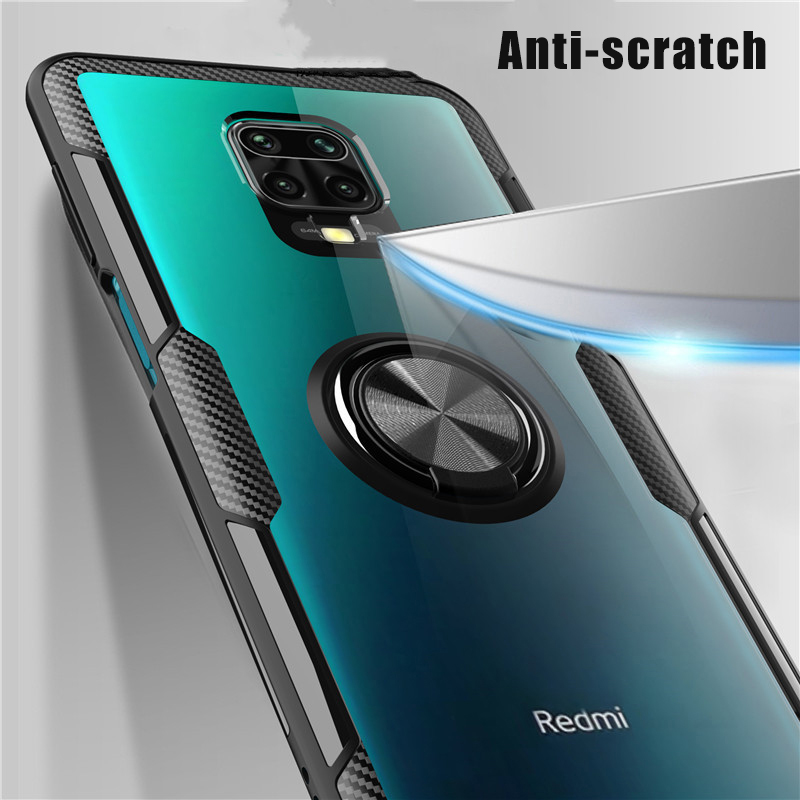 Bakeey for Xiaomi Redmi Note 9S / Redmi Note 9 Pro / Redmi Note 9 Pro Max Case Carbon Fiber Pattern 360° Rotation Adjustable Magnetic Ring Holder Shockproof Transparent Protective Case Non-original