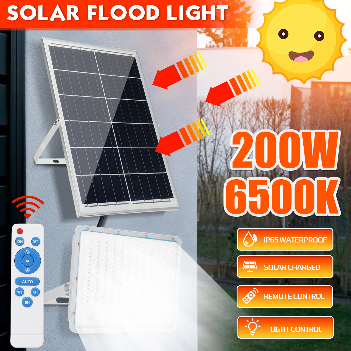 200W 192LED Solar Powered Flood Light Remote Control Light Sensor Timing Outdoor Waterproof IP65